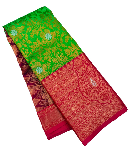 Vegan Silk Saree Apple Green shade with Pink Border