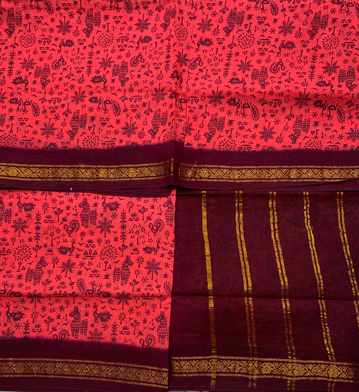 Chettinad Sungudi Cotton Tomato Red Colour with Brown Border