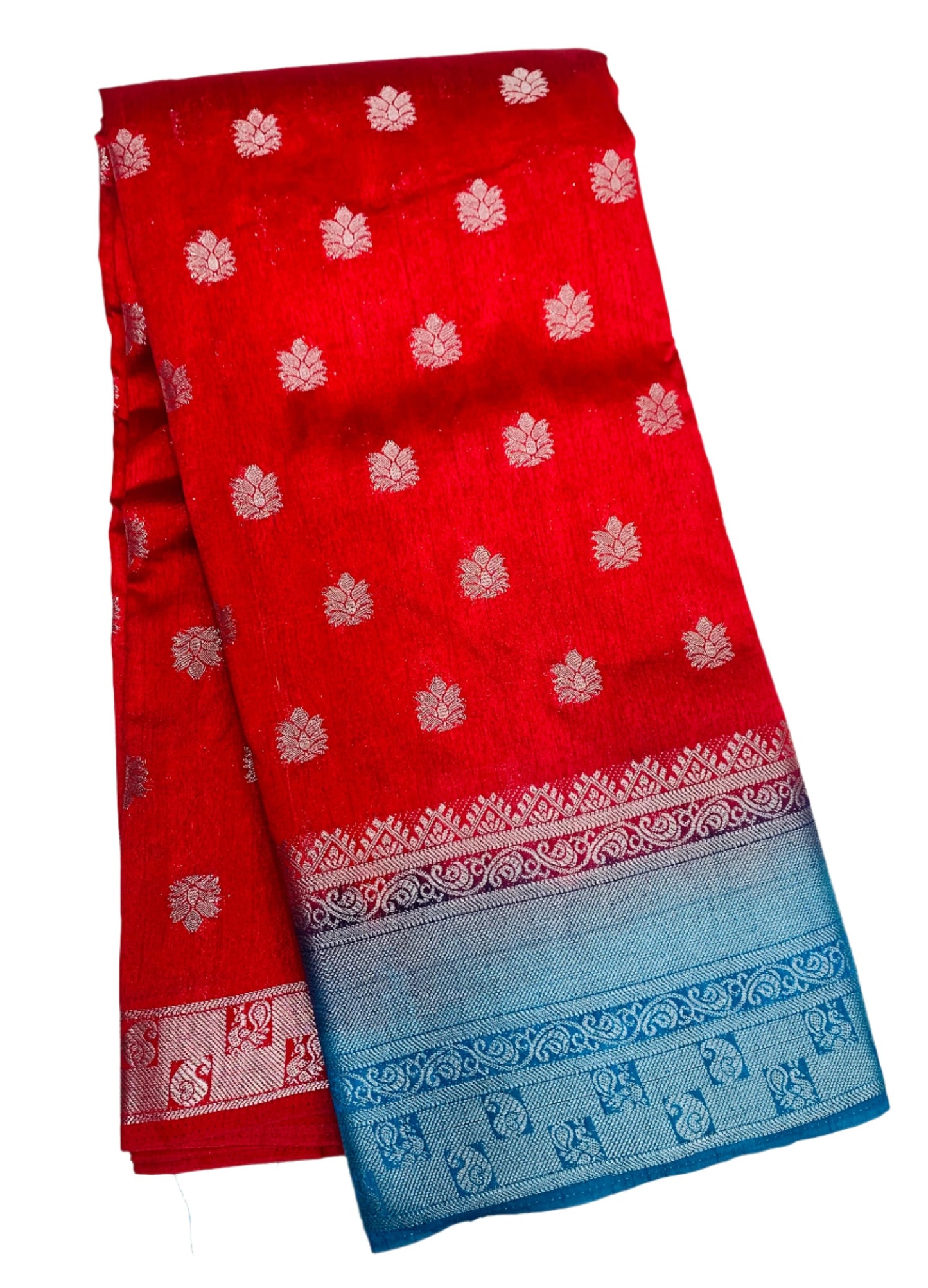 Tussar Saree Colour Tomato Red Colour with Sky Blue Border