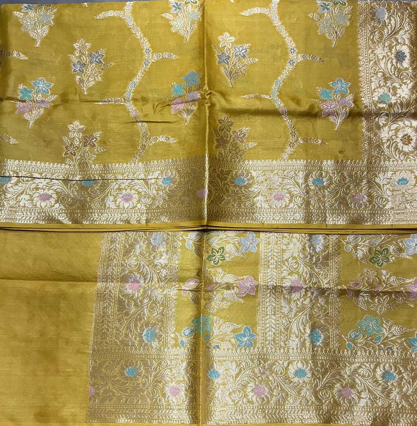 Pure Tussar Silk Saree Mustard Yellow Colour With Heavy Traditional Floral Zari Border