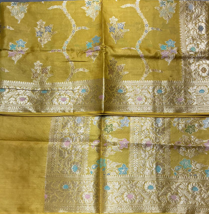 Pure Tussar Silk Saree Mustard Yellow Colour With Heavy Traditional Floral Zari Border