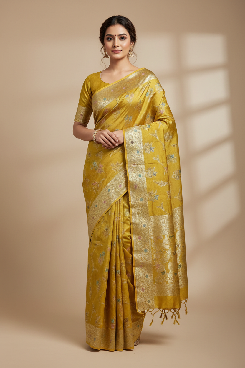 Pure Tussar Silk Saree Mustard Yellow Colour With Heavy Traditional Floral Zari Border