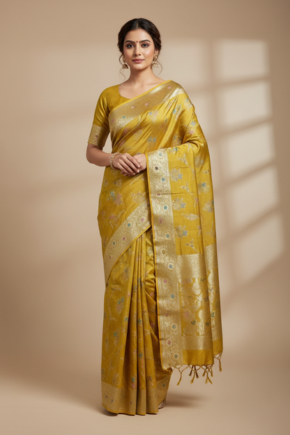 Pure Tussar Silk Saree Mustard Yellow Colour With Heavy Traditional Floral Zari Border