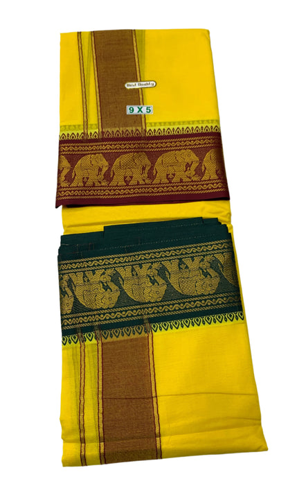 9X5 Cotton Dhoti Yellow Maroon and Green Border with Angavastram