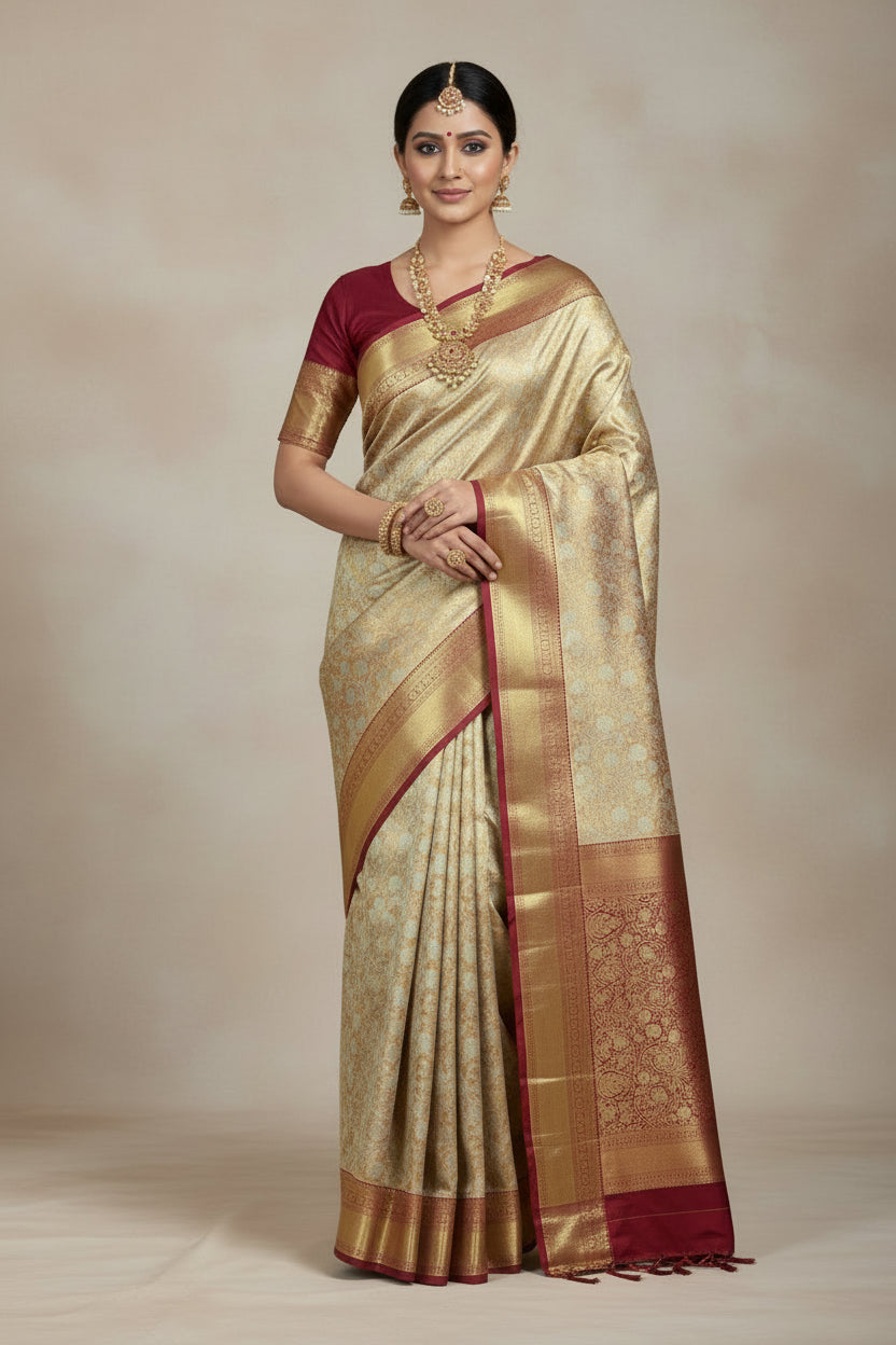 Golden and Sliver Shade Soft Kanchi Tissue Pattu Saree with Large Maroon Border