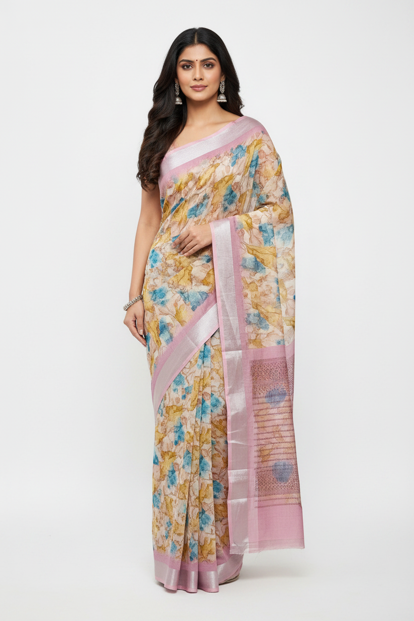 Jute Cotton Saree Light Onion Pink Shade with Thread Border
