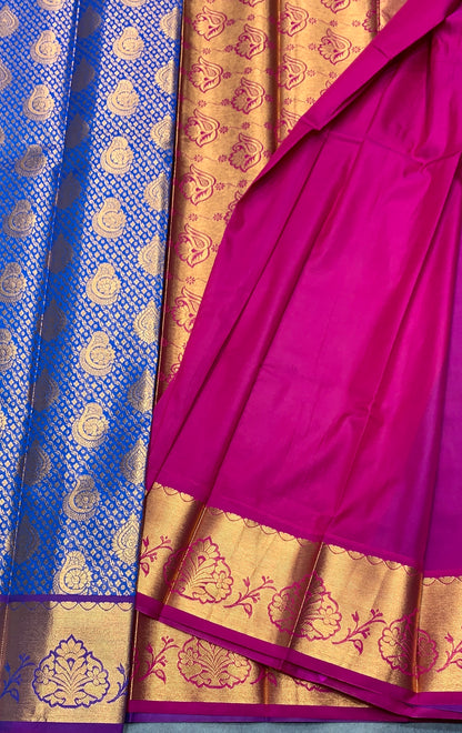 Vegan Silk Saree Blue Colour with Pink and Copper Border