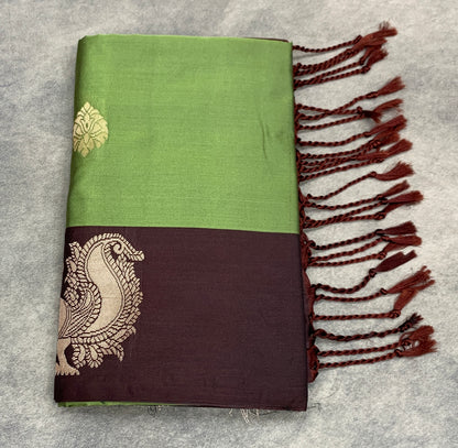 Art Silk Saree Pista Green Colour with Brown Colour Border