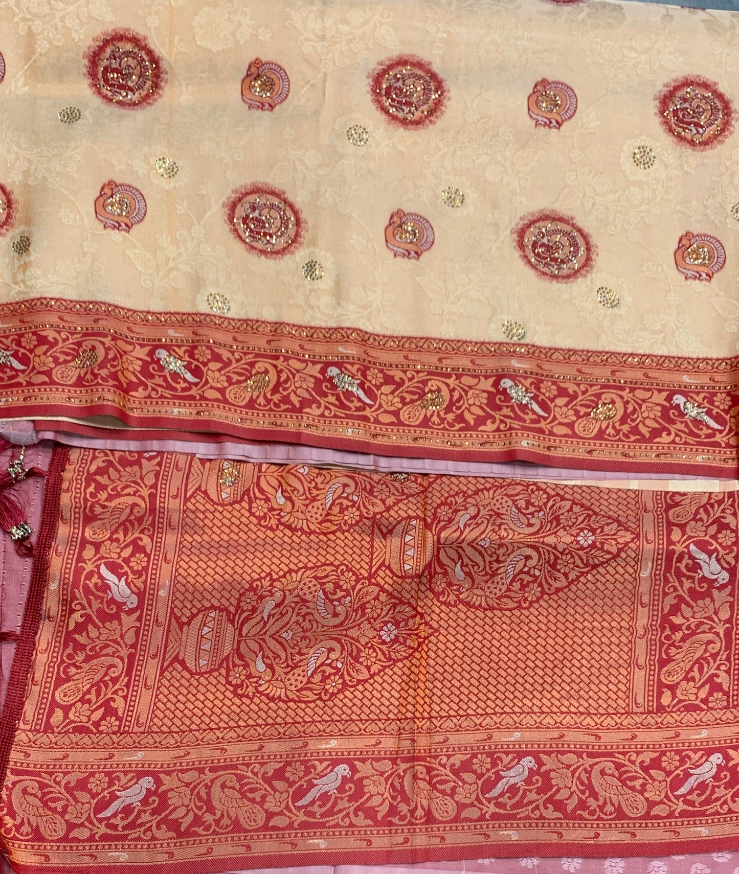 Fancy Tissue Saree Sandal Colour with Maroon Border