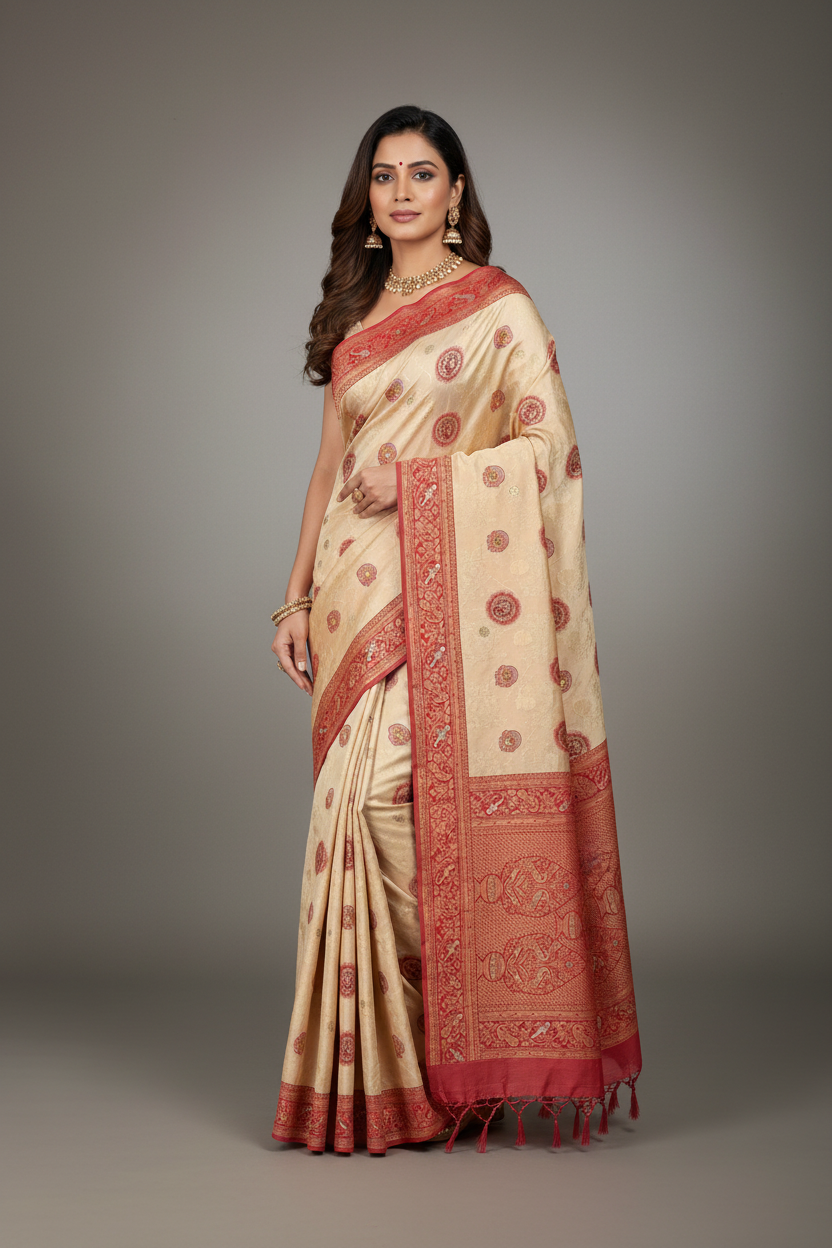 Fancy Tissue Saree Sandal Colour with Maroon Border