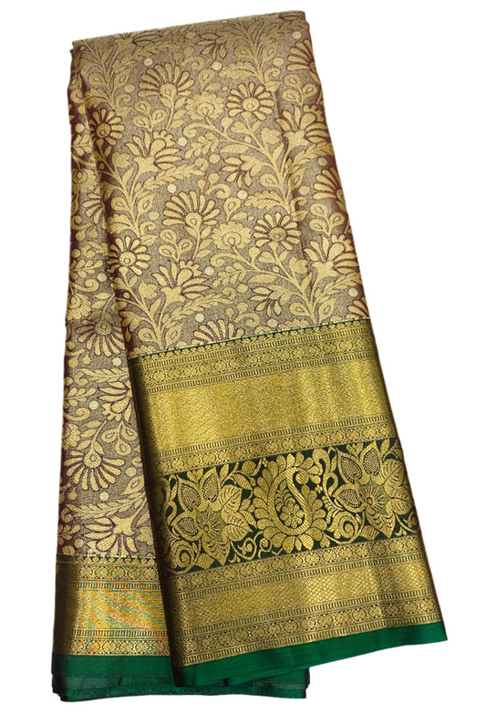 Brownish Gold Colour Soft Kanchi Tissue Pattu Saree with Green Border