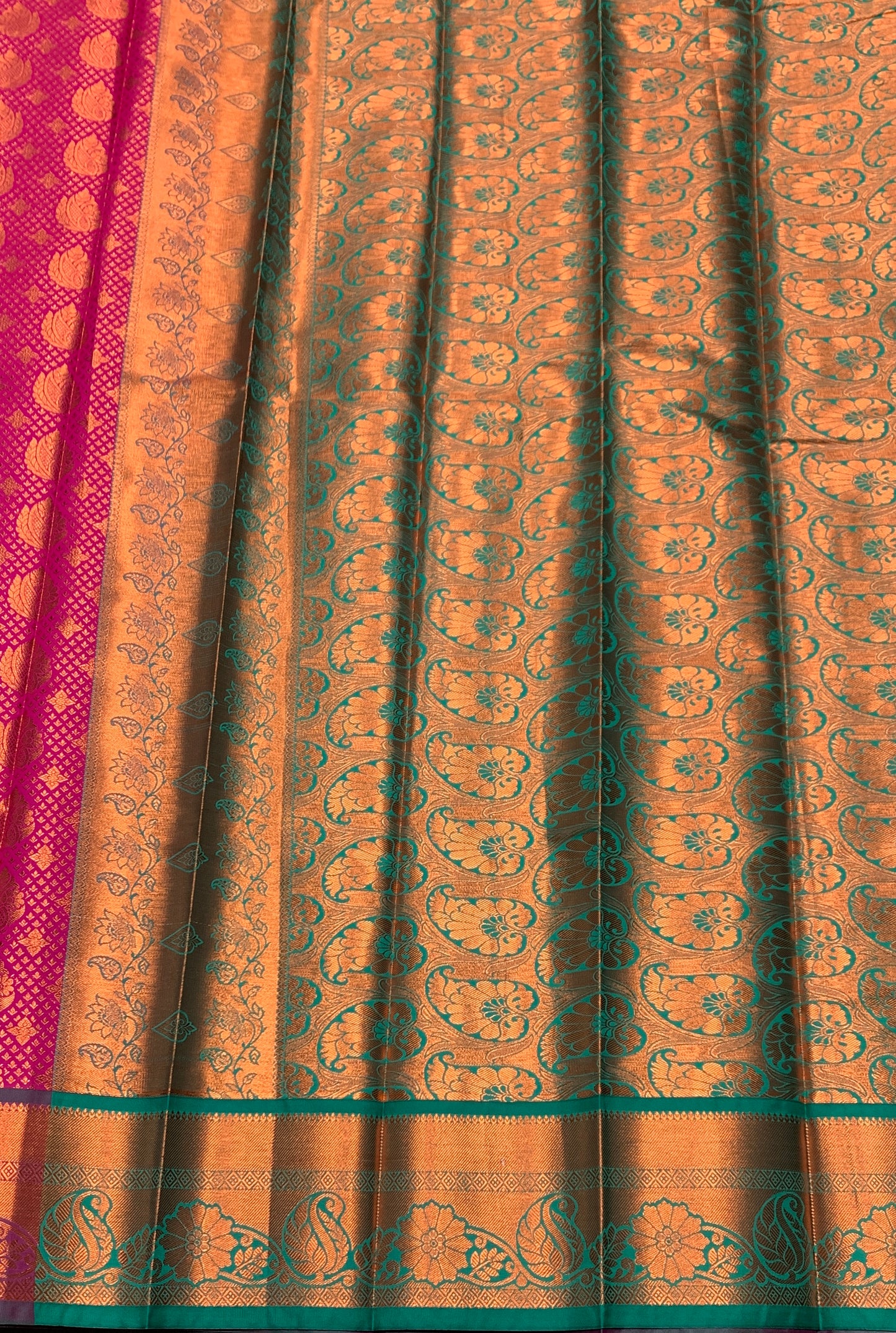 Vegan Silk Saree Pink Colour with Green and Copper Border