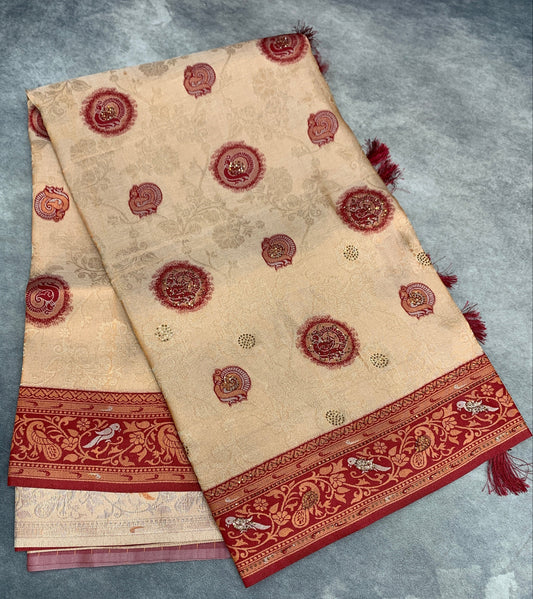 Fancy Tissue Saree Sandal Colour with Maroon Border