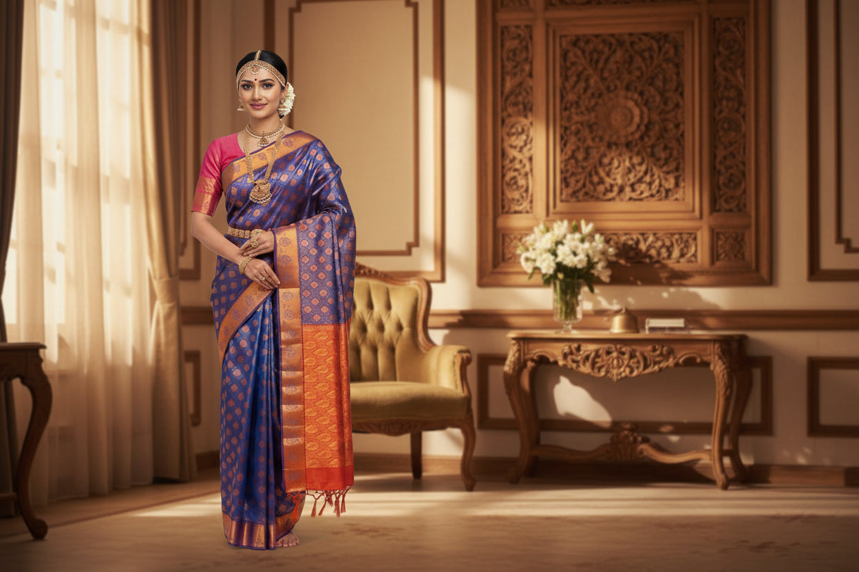 Vegan Silk Saree Sky Blue Colour with Pink and Copper Border