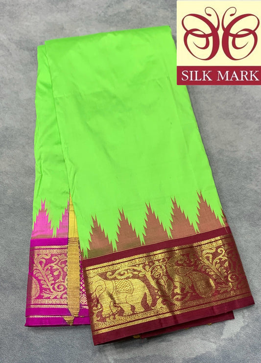9X5 Pure Silk Dhoti Parrot Green Colour with Maroon and Pink Ganga Jamuna Border