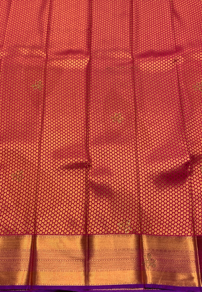 Vegan Silk Saree Pink Colour with Copper and Blue Floral Design Border