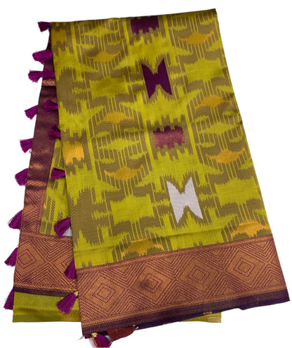 Pochampalli Semi Silk Saree Yellow Green Colour with Magenta Border