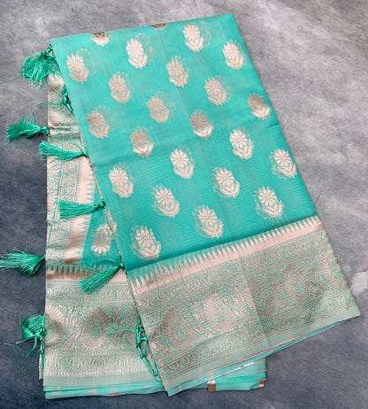 Banaras Katan Saree Sapphire Colour with Katan Work Border