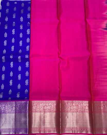 Blue shade Pure Kanchipuram Kids Pattu Pavadai with contrast border for age 5 to 10