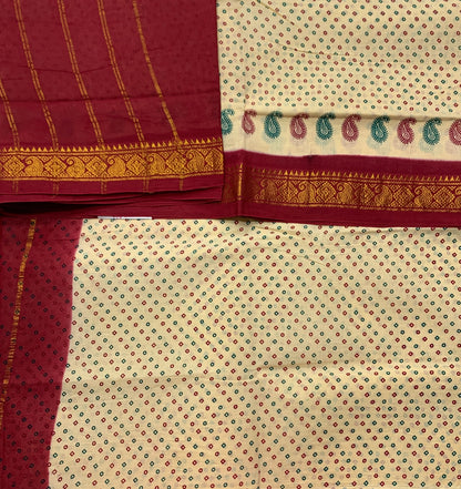 Chettinad Sungudi Cotton Cream Colour with Maroon Border