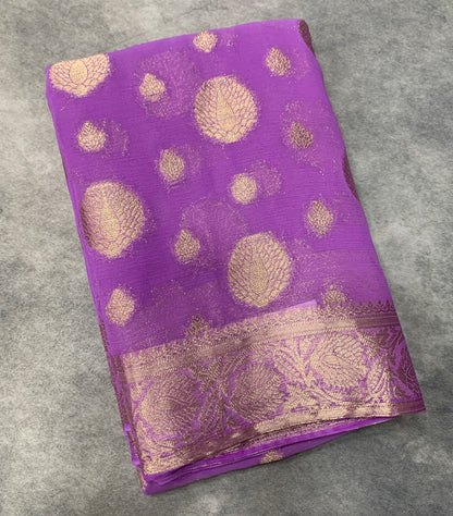 Georgette Saree Lavender Colour with Sliver Floral Design Border