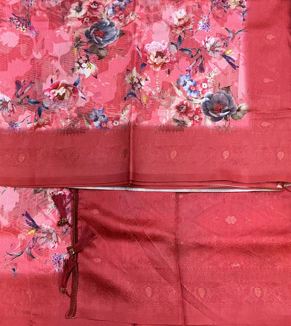 Digital Print Cotton Saree Light Red Colour with Floral Pattern