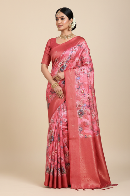 Digital Print Cotton Saree Light Red Colour with Floral Pattern