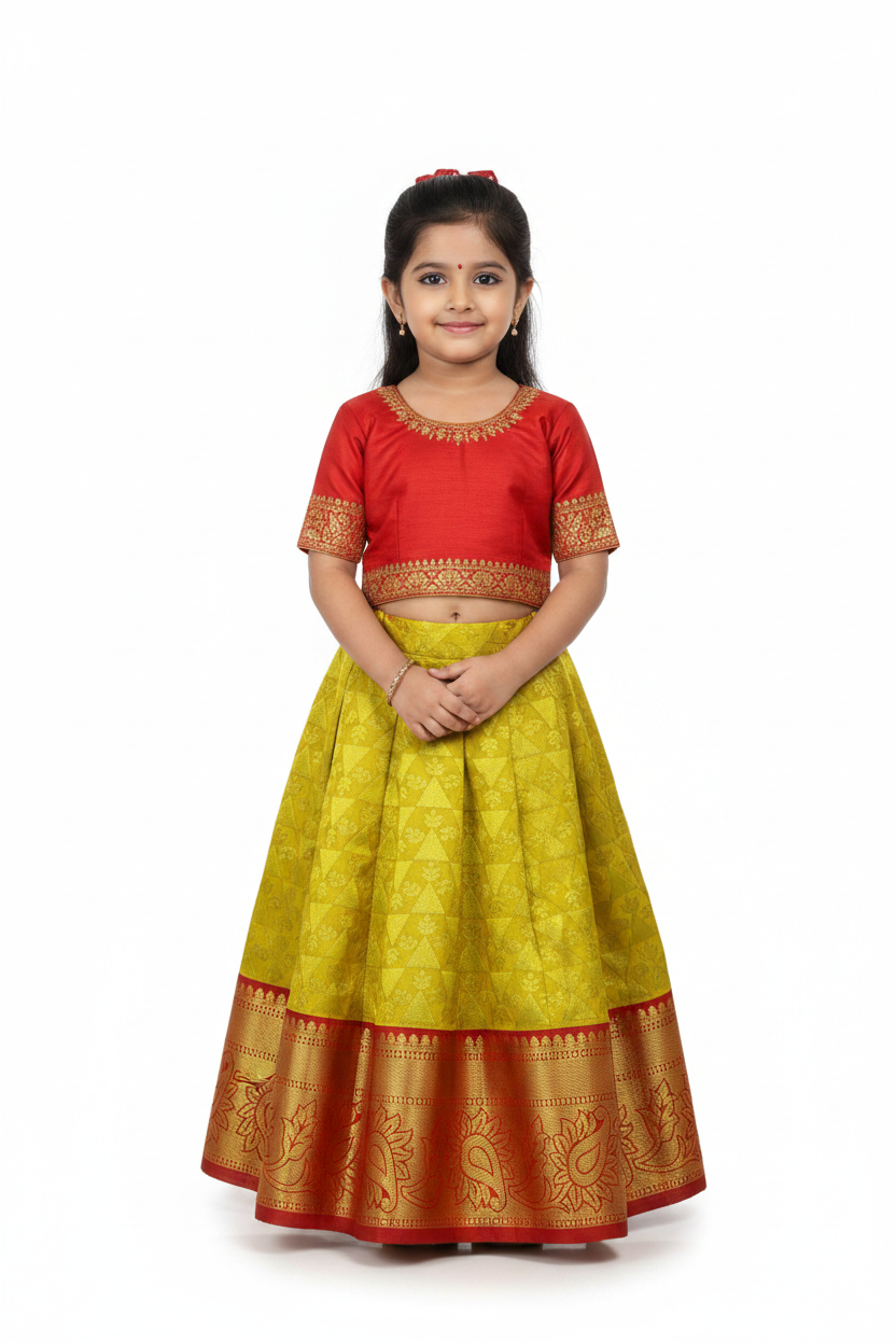 Mustard Shade Vegan Silk Kids Pattu Pavadai with Contrast border for age 2 to 5