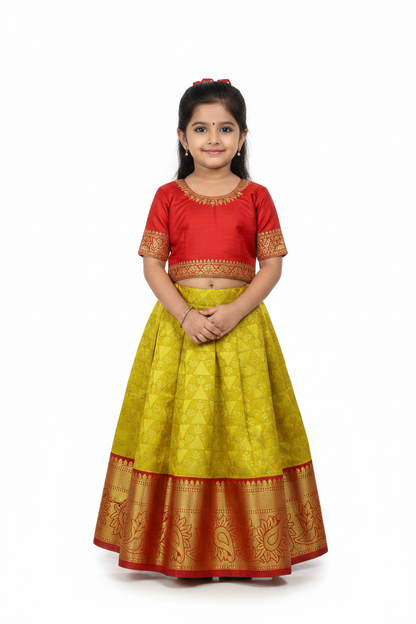 Mustard Shade Vegan Silk Kids Pattu Pavadai with Contrast border for age 2 to 5