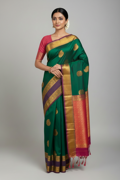Soft Vegan Silk Saree Green Colour with Rettai Pettu Border