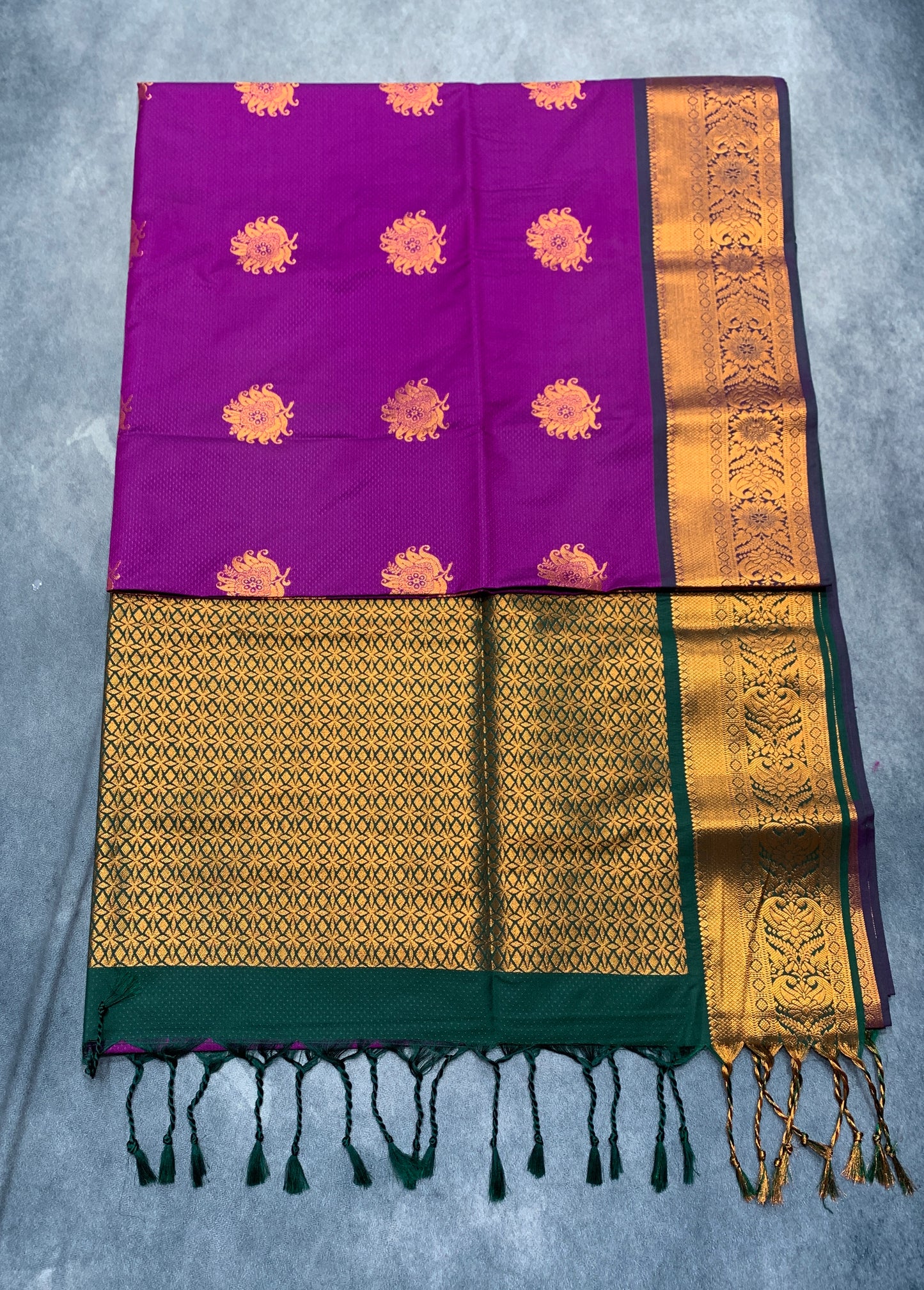 Soft Vegan Silk Saree Purple Colour with Green and Copper Border