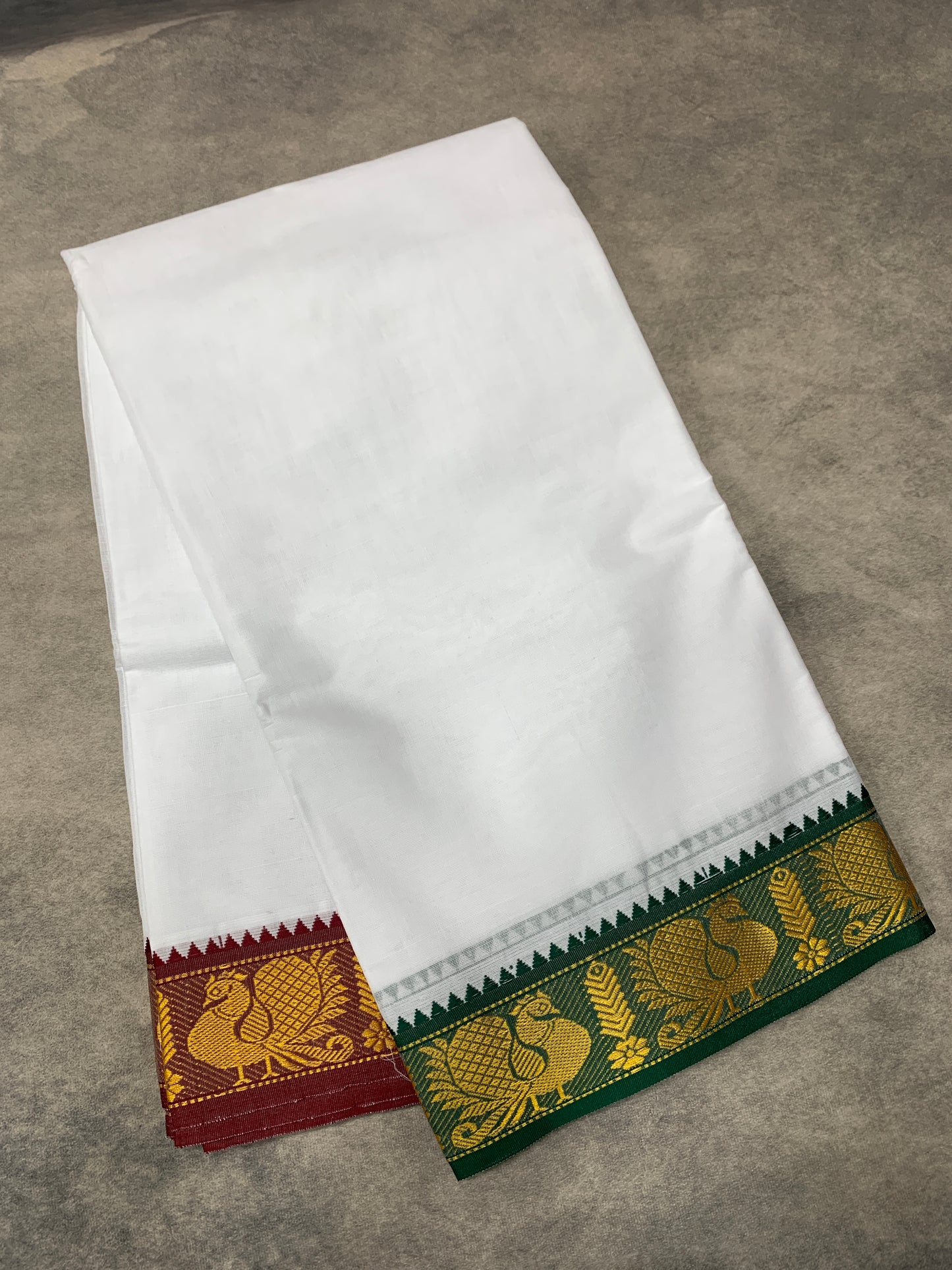 9X6 Cotton Dhoti White Colour with Green and Maroon Border with Angavastram
