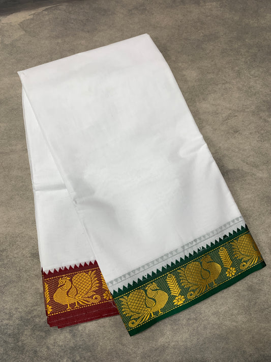 9X6 Cotton Dhoti White Colour with Green and Maroon Border with Angavastram