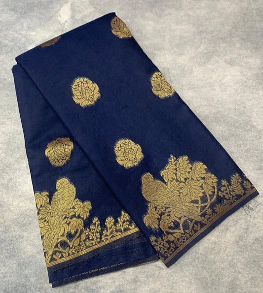 Kora Silk Saree Blue Colour with Flower and Parrot Design Border