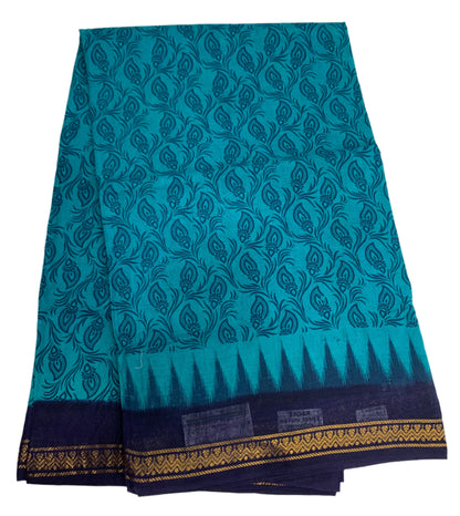 Chettinad Sungudi Cotton Rama Green Colour with Navy Blue Border