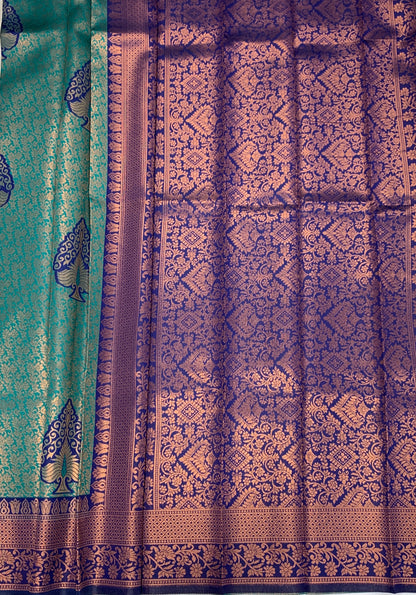 Art Silk Saree Peacock Green Colour with Blue Border