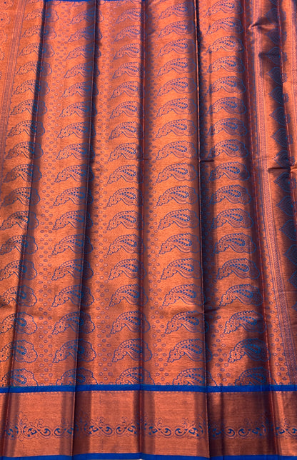 Vegan Silk Saree Dark Maroon Colour with Copper and Blue Border
