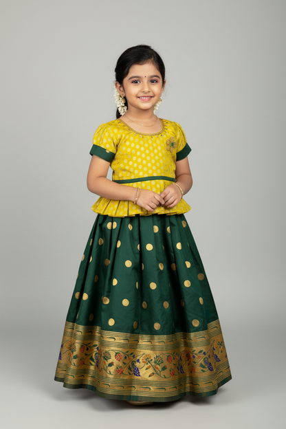 Ready To Wear Green Pavadai with Contrast Yellow Blouse
