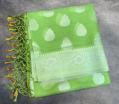 Banaras Katan Saree Apple Green Colour with Katan Work Border