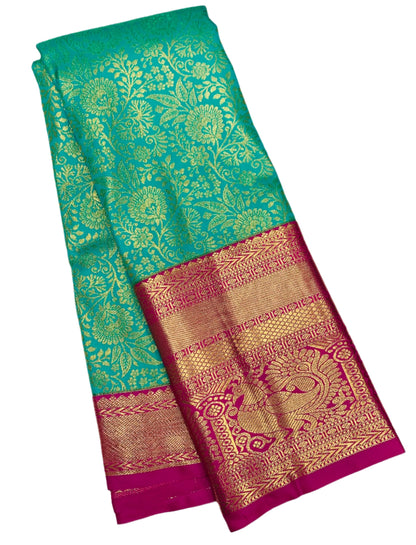 Rama Green Colour Semi Silk Saree with Big Pink Border