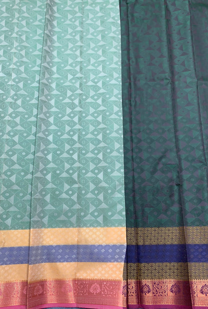 Poly Cotton Saree Pastel Green Colour with Vibrant Multicolour Border