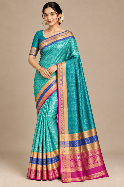 Poly Cotton Saree Pastel Green Colour with Vibrant Multicolour Border