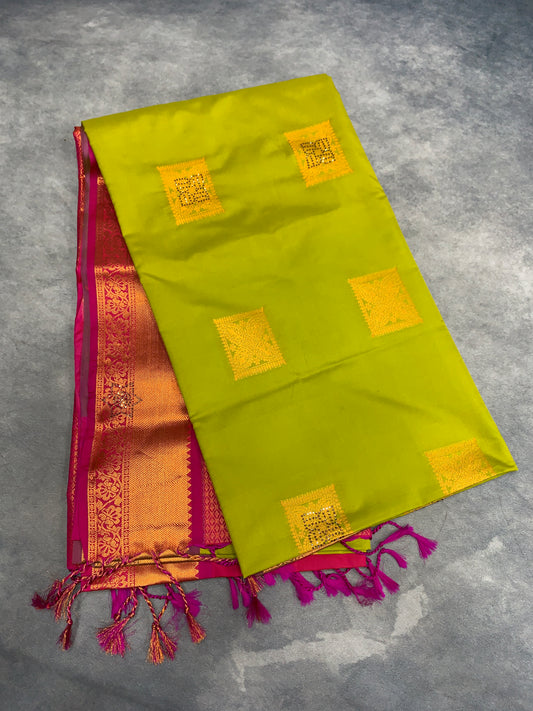 Soft Vegan Silk Saree Apple Green Colour with Pink and Copper Border