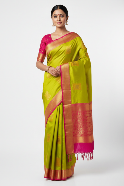 Soft Vegan Silk Saree Apple Green Colour with Pink and Copper Border