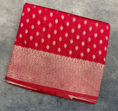 Soft Silk Casual Saree Tomato Pink Colour with Sliver Colour Border