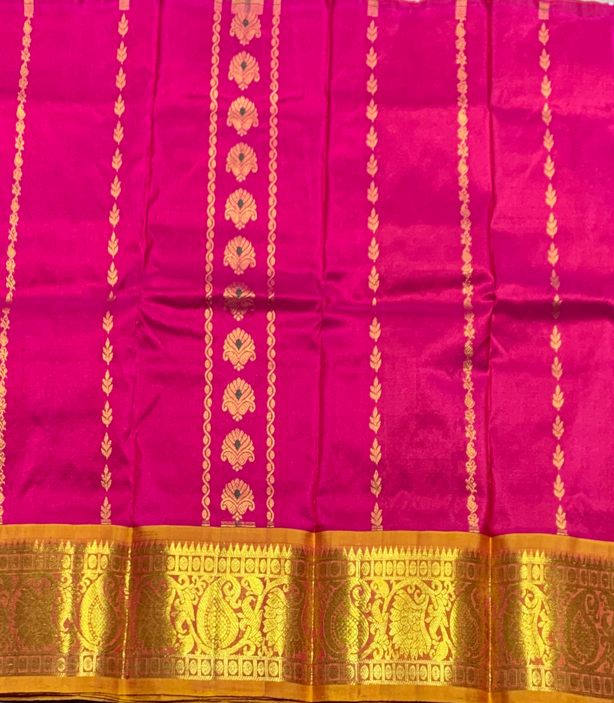 Rani Pink Shade Pure Kanchipuram Kids Pattu Pavadai with Contrast Border for Newborn to 2 Years