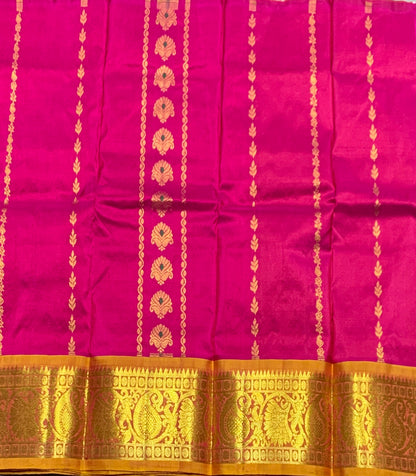 Rani Pink Shade Pure Kanchipuram Kids Pattu Pavadai with Contrast Border for Newborn to 2 Years
