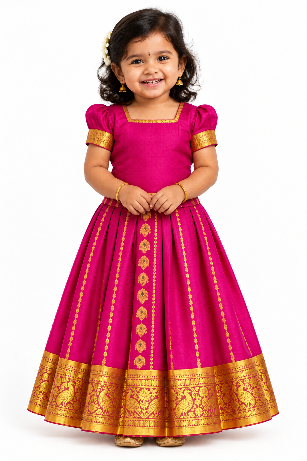 Rani Pink Shade Pure Kanchipuram Kids Pattu Pavadai with Contrast Border for Newborn to 2 Years