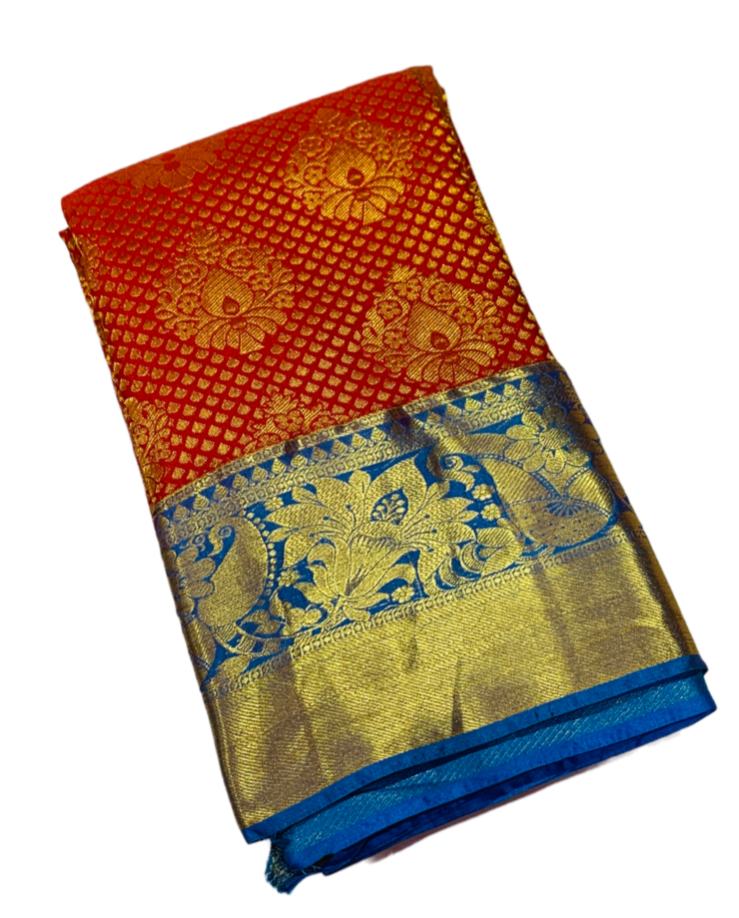 Vegan Silk Saree Red Shade with Golden and Blue Border