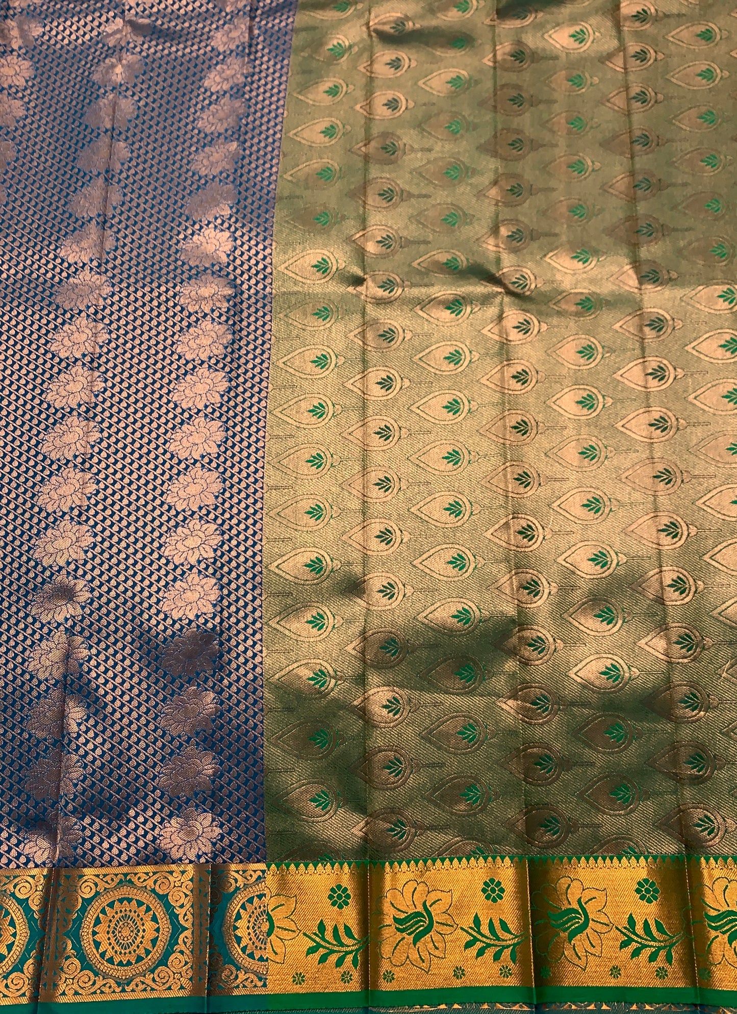 Vegan Silk Saree Peacock Blue shade with Copper Border